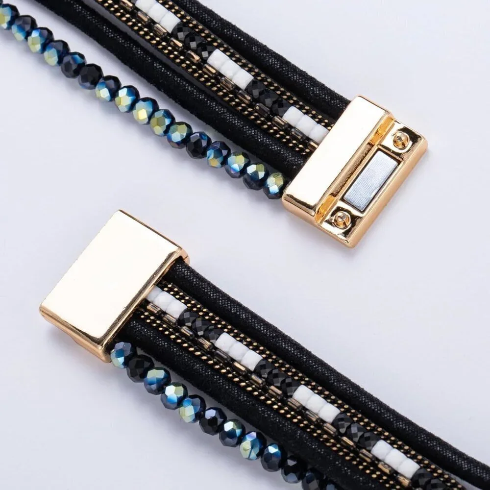 Leather Wrap Bracelet Crystal Beads Boho Cuff Charm Jewelry for Women
